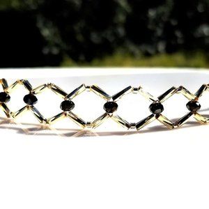 Gold Beaded Choker/ Unique Handmade Diamond Pattern Choker with Black Crystals